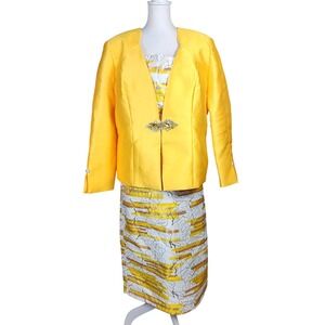 Ben Marc 3pc Skirt Suit Set Womens 16 Yellow Metallic Rhinestone Church Wedding